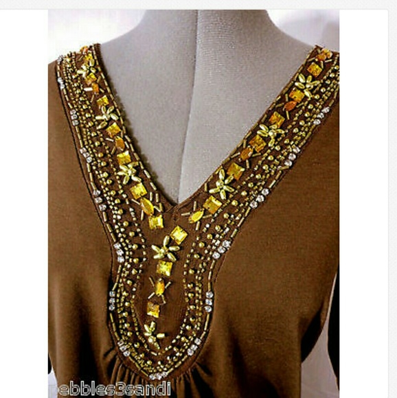 New PRIMETIME Beaded Top 3X Brown Gold tunic t-shirt - Picture 3 of 4